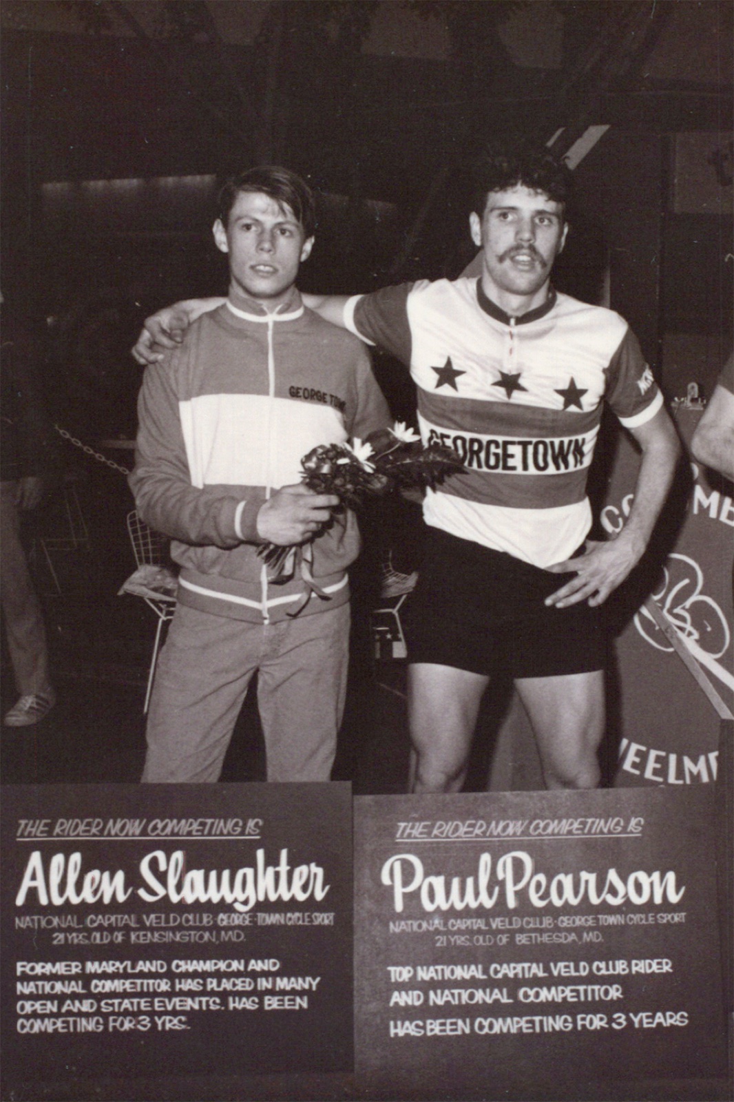 Allen at the roller races with a teammate, name placards below